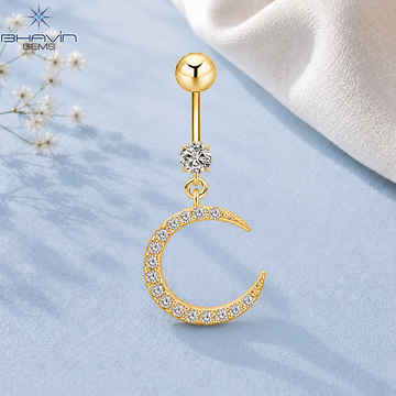 Celestial Crescent Moon Diamond Belly Button Ring with Dangling Charm