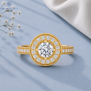 Round Cut Diamond Halo Engagement Ring with Vintage Inspired Diamond Band