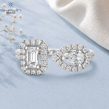 Elegant Emerald & Pear Cut Diamond Toi Et Moi Ring with Double Halo Setting