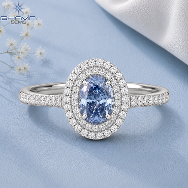 Celestial Blue Oval Double Halo Diamond Ring