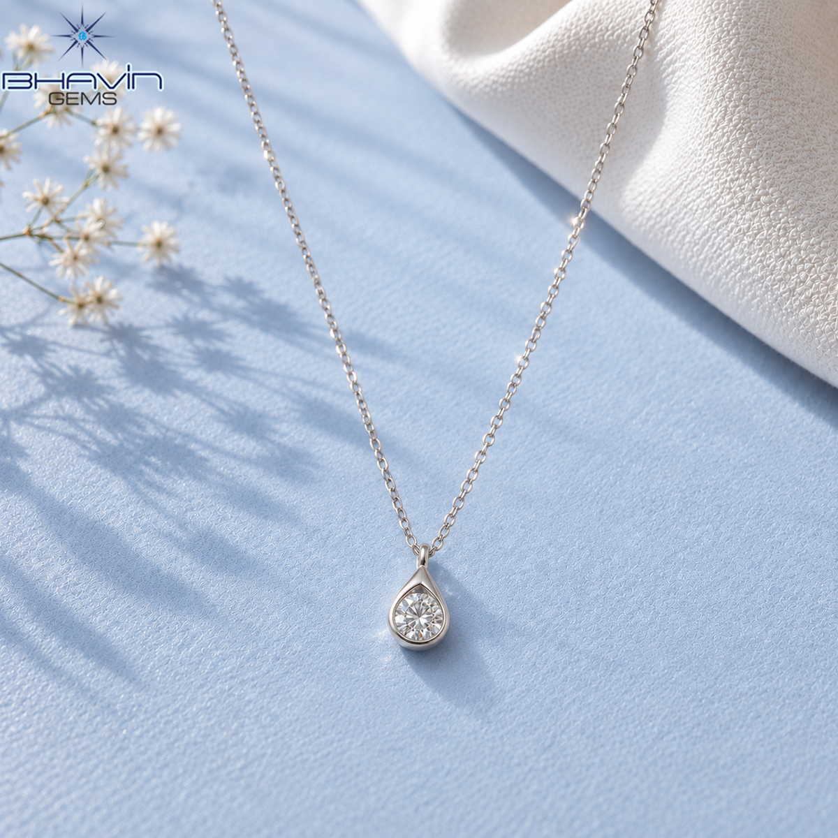 Elegant Round Diamond Teardrop Solitaire Pendant Necklace