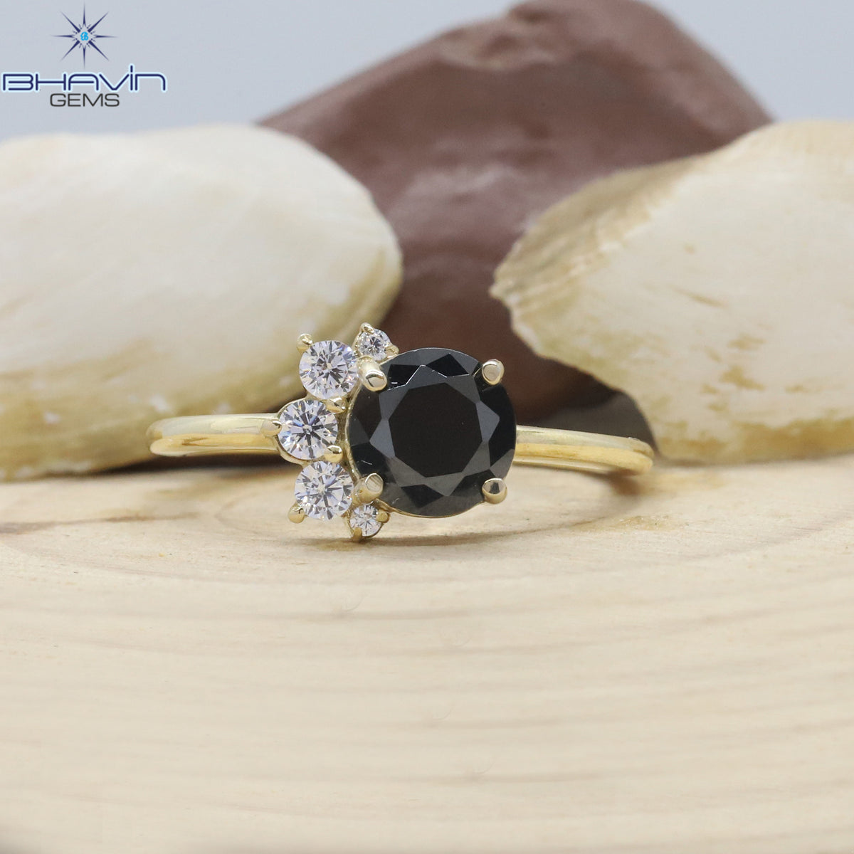 Natural Black Diamond Center Stone Ring with Floral Diamond Setting