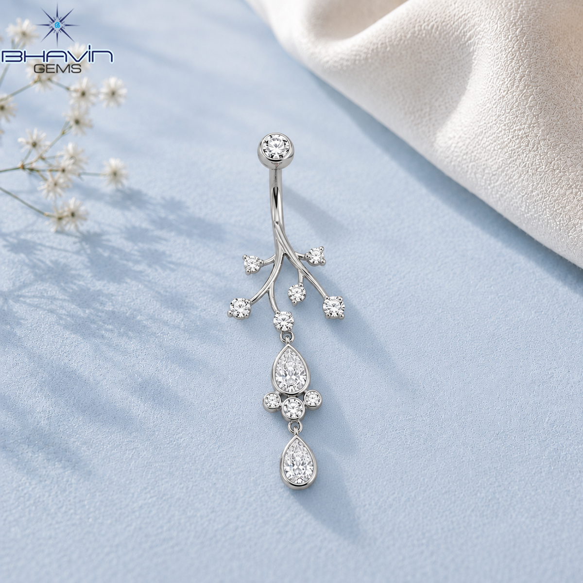Botanical Branch Teardrop Diamond Dangle Belly Button Ring