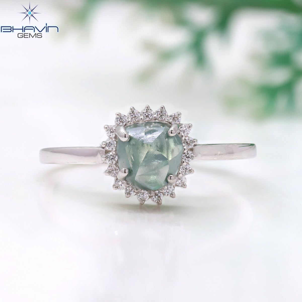 Natural Uncut Mint Blue Diamond Sunburst Ring