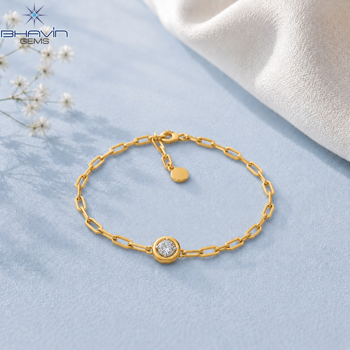 Round Diamond Bezel Paperclip Chain Bracelet