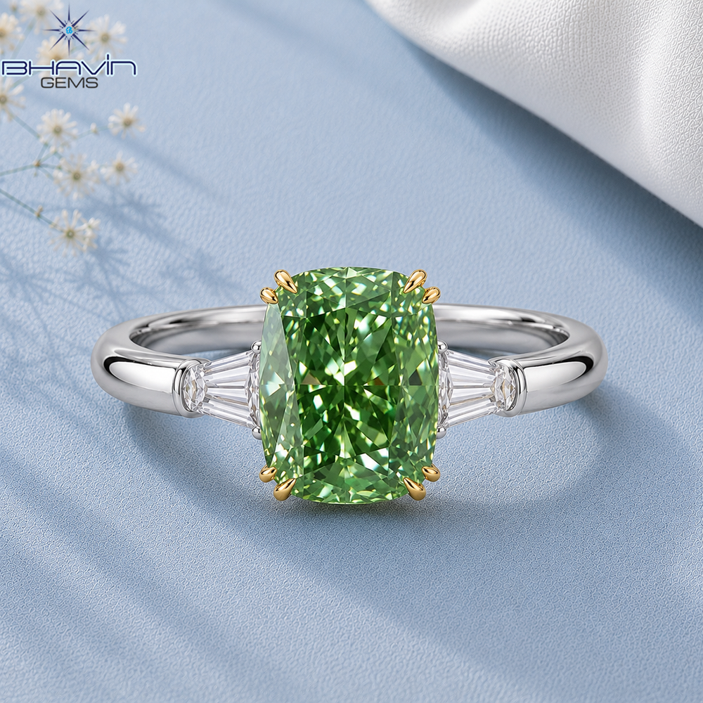 Elegant Green Cushion Cut Three-Stone Engagement Ring
