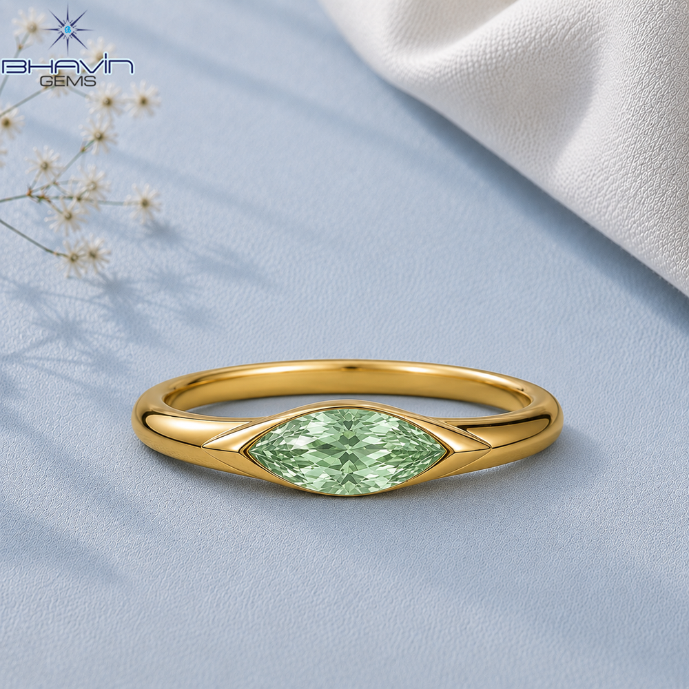 Marquise Cut Light Green Diamond Solitaire Ring with Sleek Polished Band