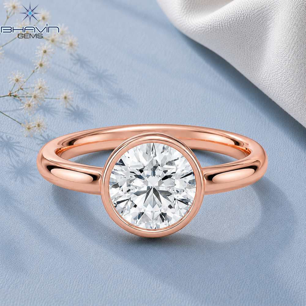 Round Brilliant Cut Bezel Set Solitaire Engagement Ring in Rose Gold