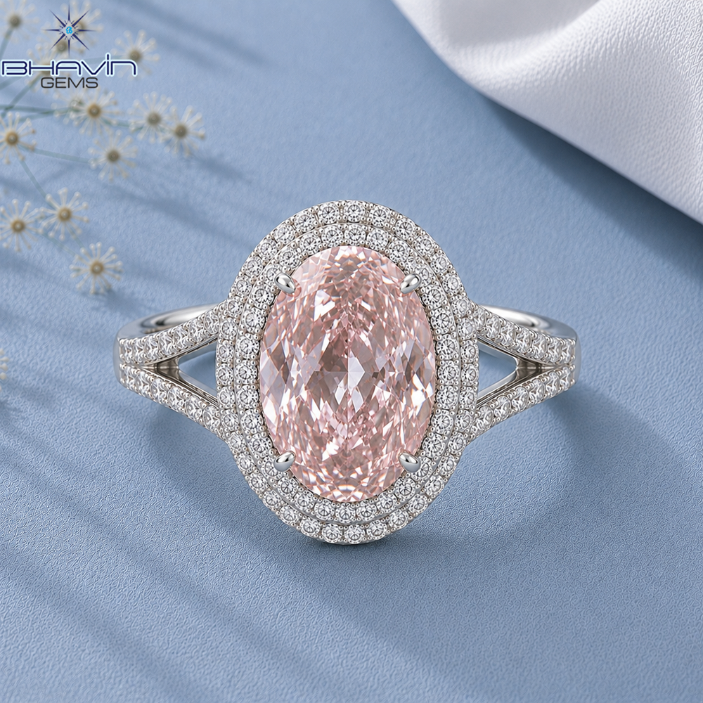 Oval Pink Diamond Double Halo Split Shank Engagement Ring