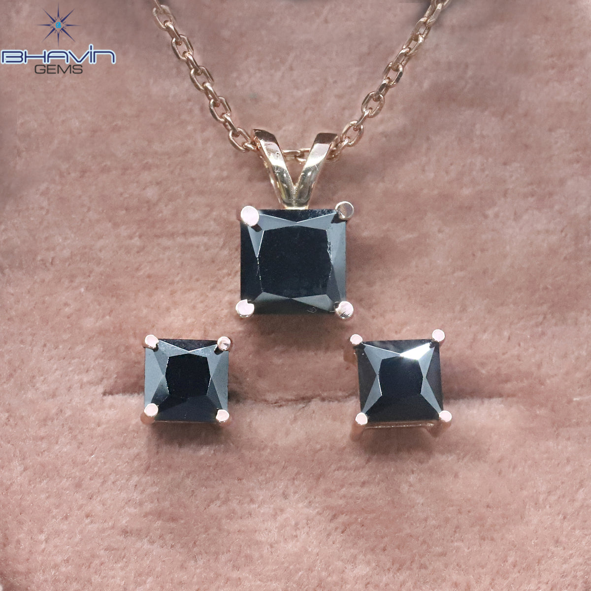 Noir Princess-Cut Black Diamond Pendant & Stud Earrings Set