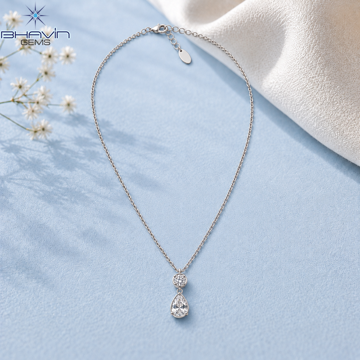 Elegant Round & Pear Shaped Diamond Drop Pendant Necklace