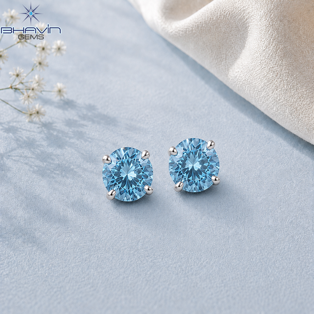 Brilliant Blue Round Diamond Stud Earrings