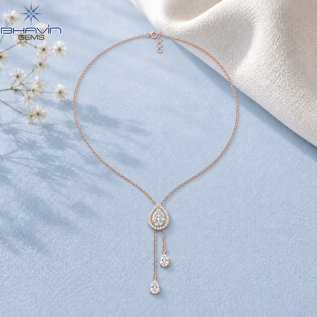 Pear Drop Halo Diamond Lariat Necklace with Double Dangle Design