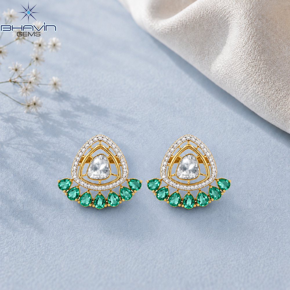 Elegant Polki Pear-Shaped Green Stone Fan Design Stud Earrings