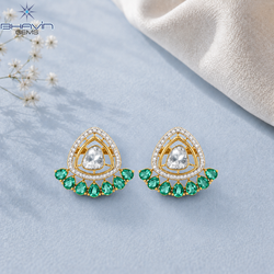Elegant Polki Pear-Shaped Green Stone Fan Design Stud Earrings