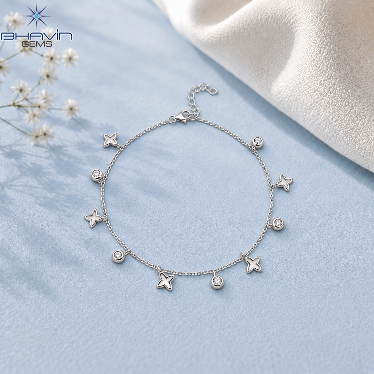 Diamond Butterfly & Bezel Charm Delicate Chain Bracelet
