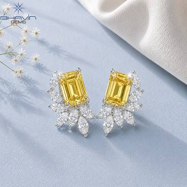 Yellow Emerald Cut Diamond Leaf Cluster Stud Earrings