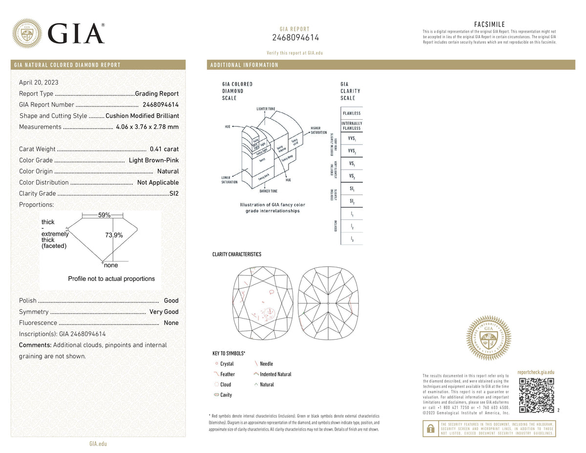 GIA Certified 0.41 CT Natural Cushion Diamond Light Brown-Pink Color Clarity SI2 (4.06 MM)