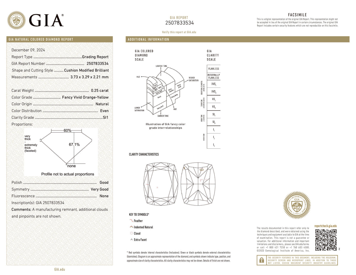 GIA Certified 0.25 CT Cushion Diamond Orange Yellow Color Natural Diamond SI1 Clarity (3.73 MM)