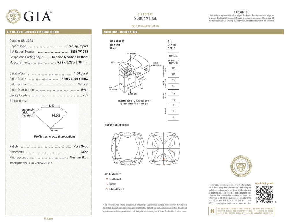 GIA Certified 1.00 CT Cushion Diamond Yellow Color Natural Diamond VS2 Clarity (5.33 MM)