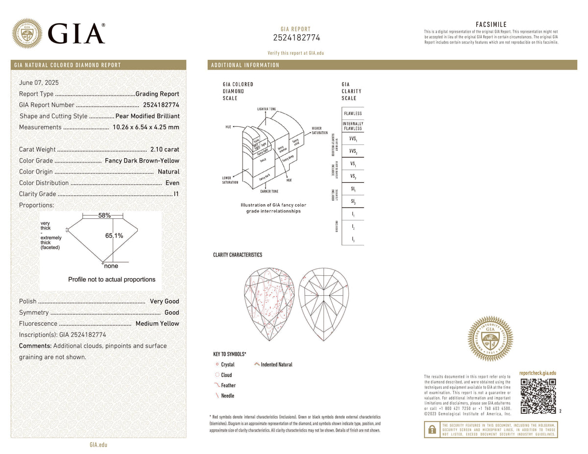 GIA認定 2.10 CT ペアシェイプ天然ダイヤモンド ブラウンイエローカラー I1 クラリティ (10.26 MM)