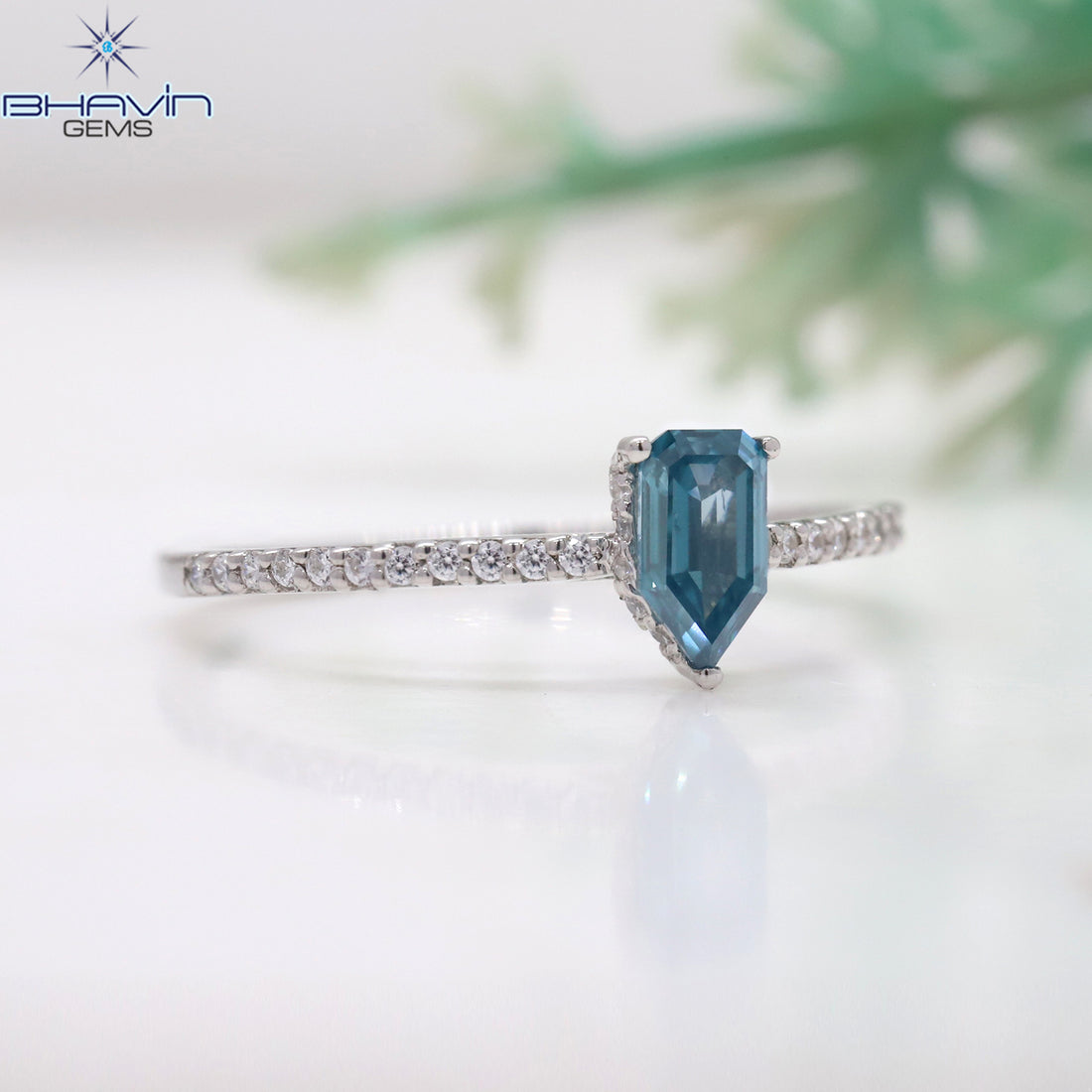 Natural Teal Blue Diamond Shield Cut Ring