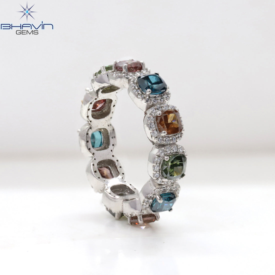 Cushion Cut Multi-Color Diamond Eternity Ring