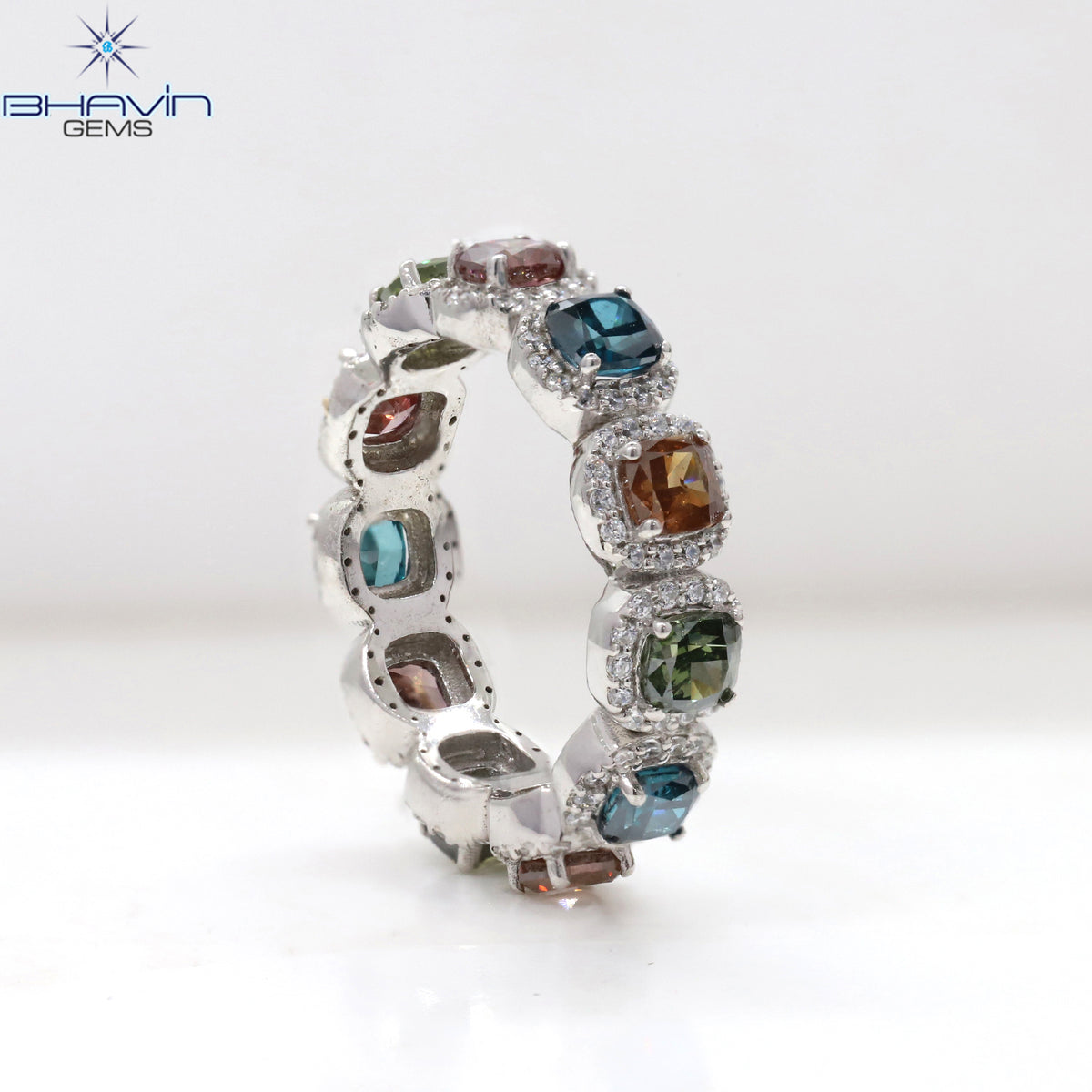Cushion Cut Multi-Color Diamond Eternity Ring