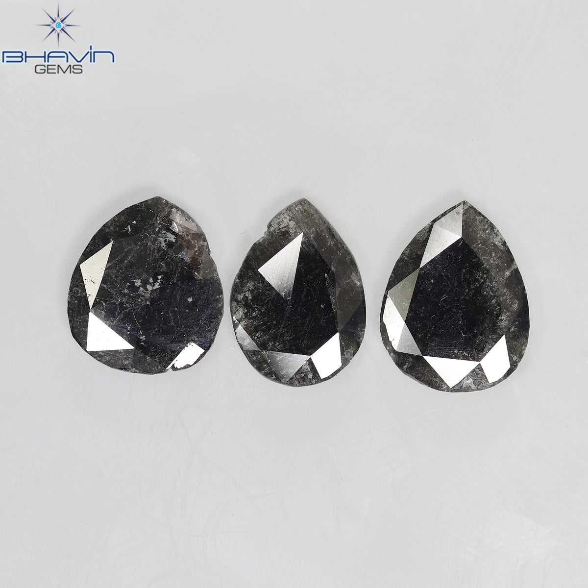 3.41 CT/3 Pcs Natural Pear Slice Diamond Salt and Pepper Color Clarity I3 (11.13 MM)