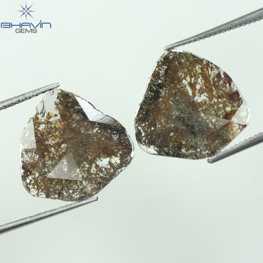 4.03 CT/2PCS Uncut Slice Shape Natural Diamond Brown Color I3 Clarity (13.50 MM)
