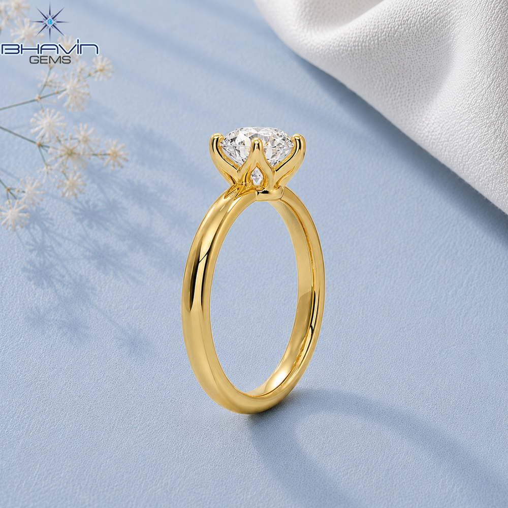 Round Brilliant Cut Solitaire Engagement Ring with 6-Prong Tulip Petal Basket in Yellow Gold