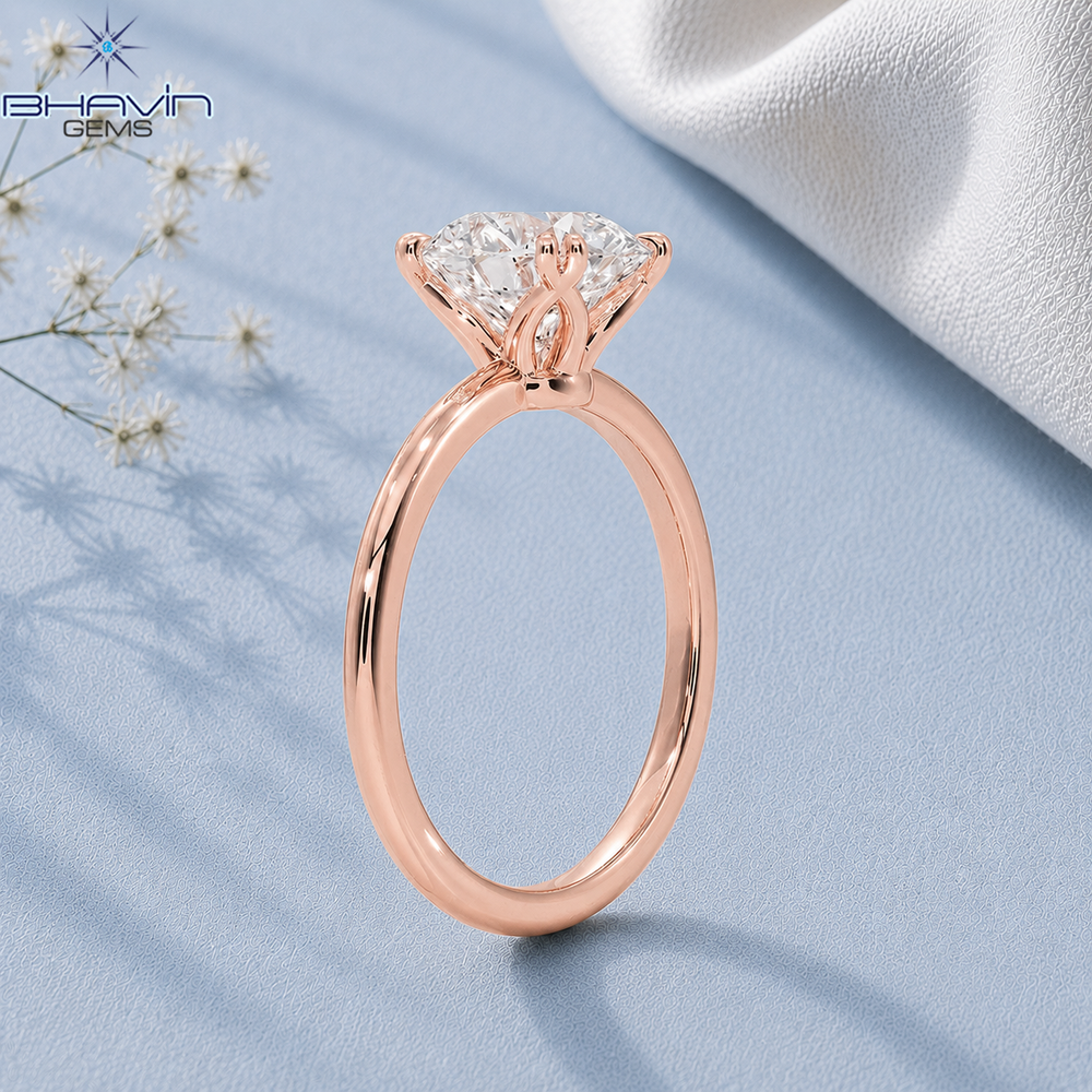 Round Brilliant Cut Solitaire Engagement Ring with Double Claw Prongs and Floral Basket in Rose Gold