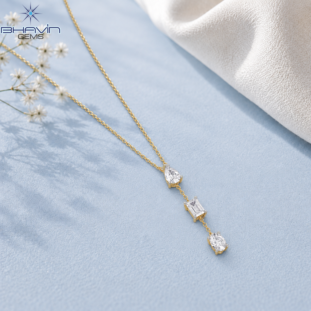 Pear Emerald & Oval Diamond Trio Drop Necklace