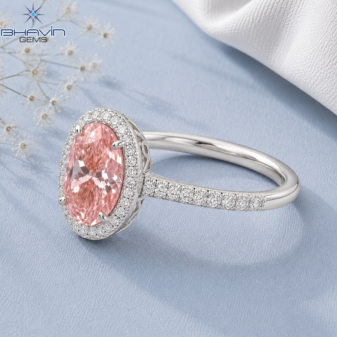 Pink Oval Diamond Halo Pave Engagement Ring