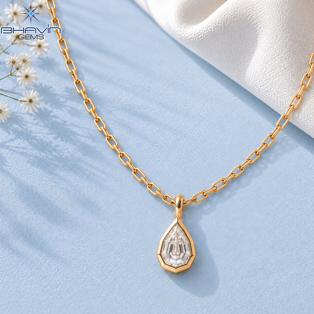 Pear Shaped Step Cut Diamond Bezel Pendant Necklace