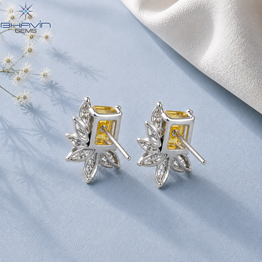 Yellow Emerald Cut Diamond Leaf Cluster Stud Earrings