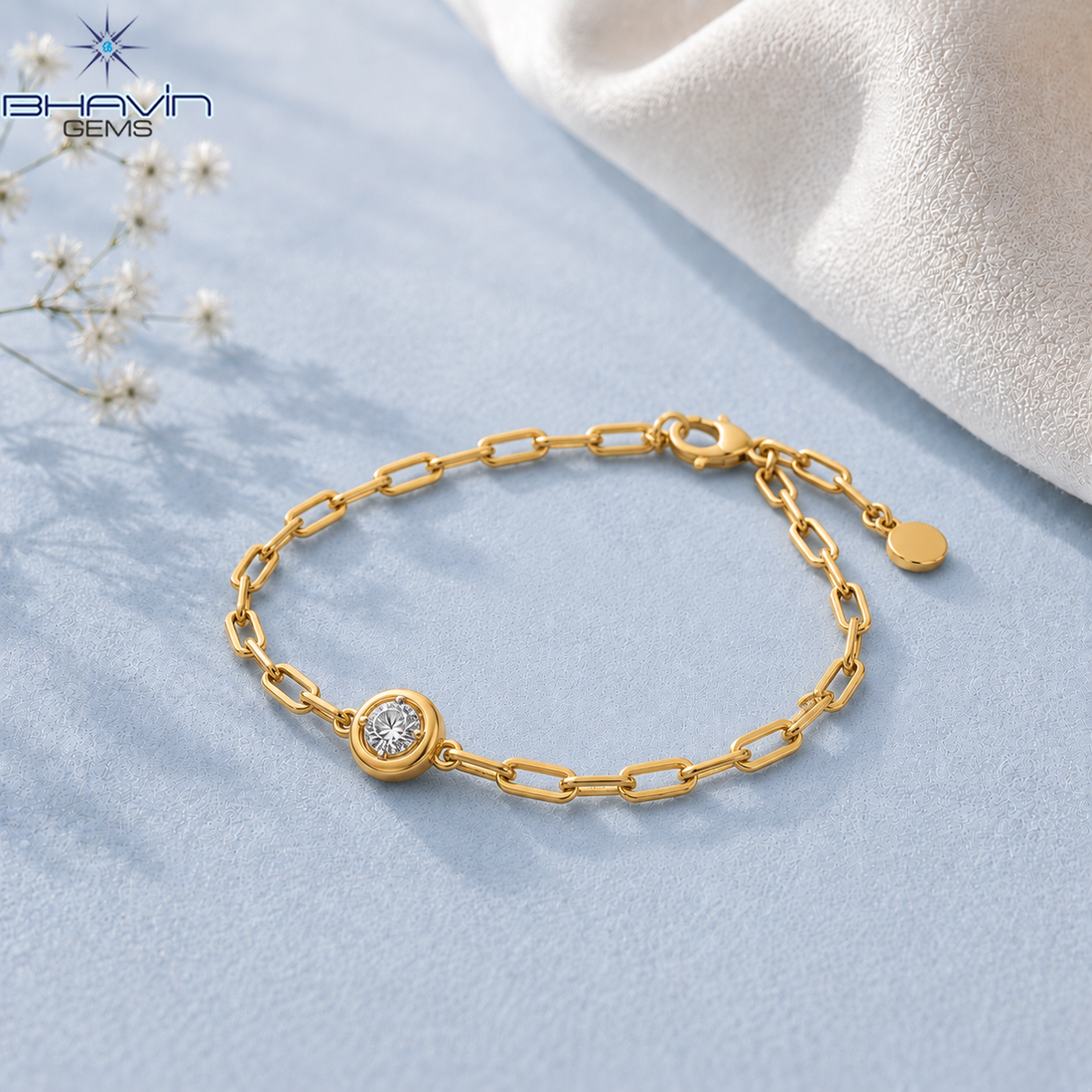 Round Diamond Bezel Paperclip Chain Bracelet