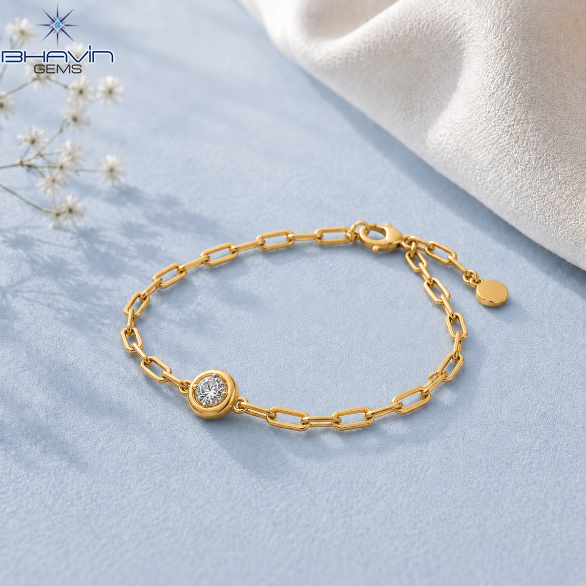 Round Diamond Bezel Paperclip Chain Bracelet