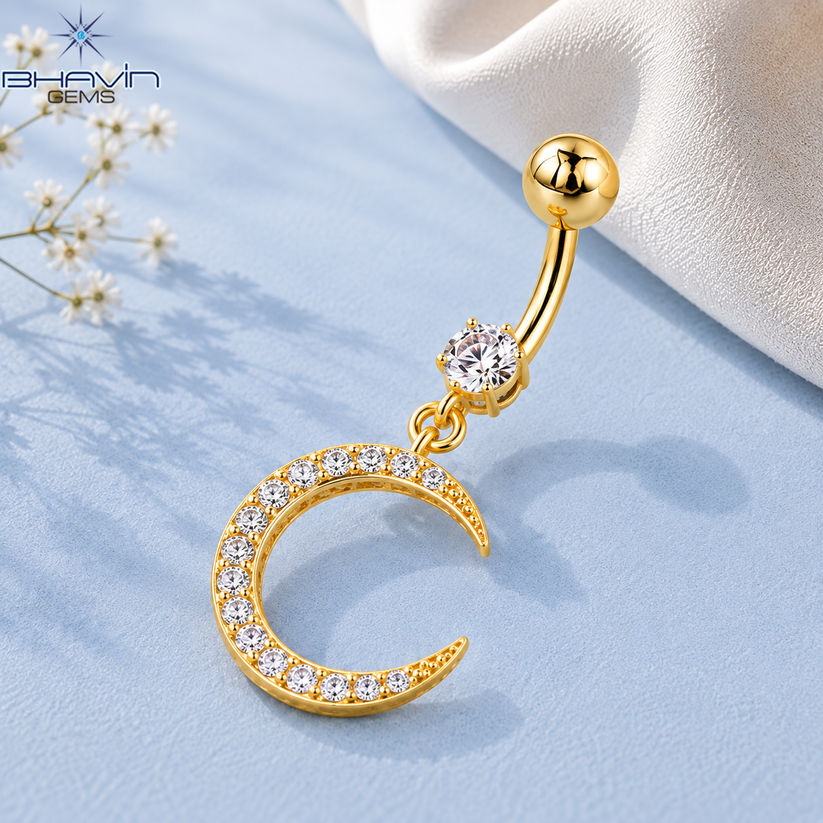 Celestial Crescent Moon Diamond Belly Button Ring with Dangling Charm