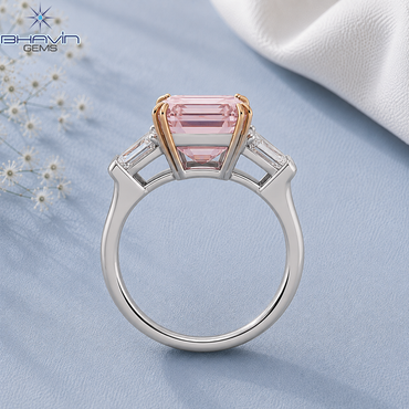 Emerald Cut Pink Diamond Three Stone Engagement Ring with Trillion Side Diamonds