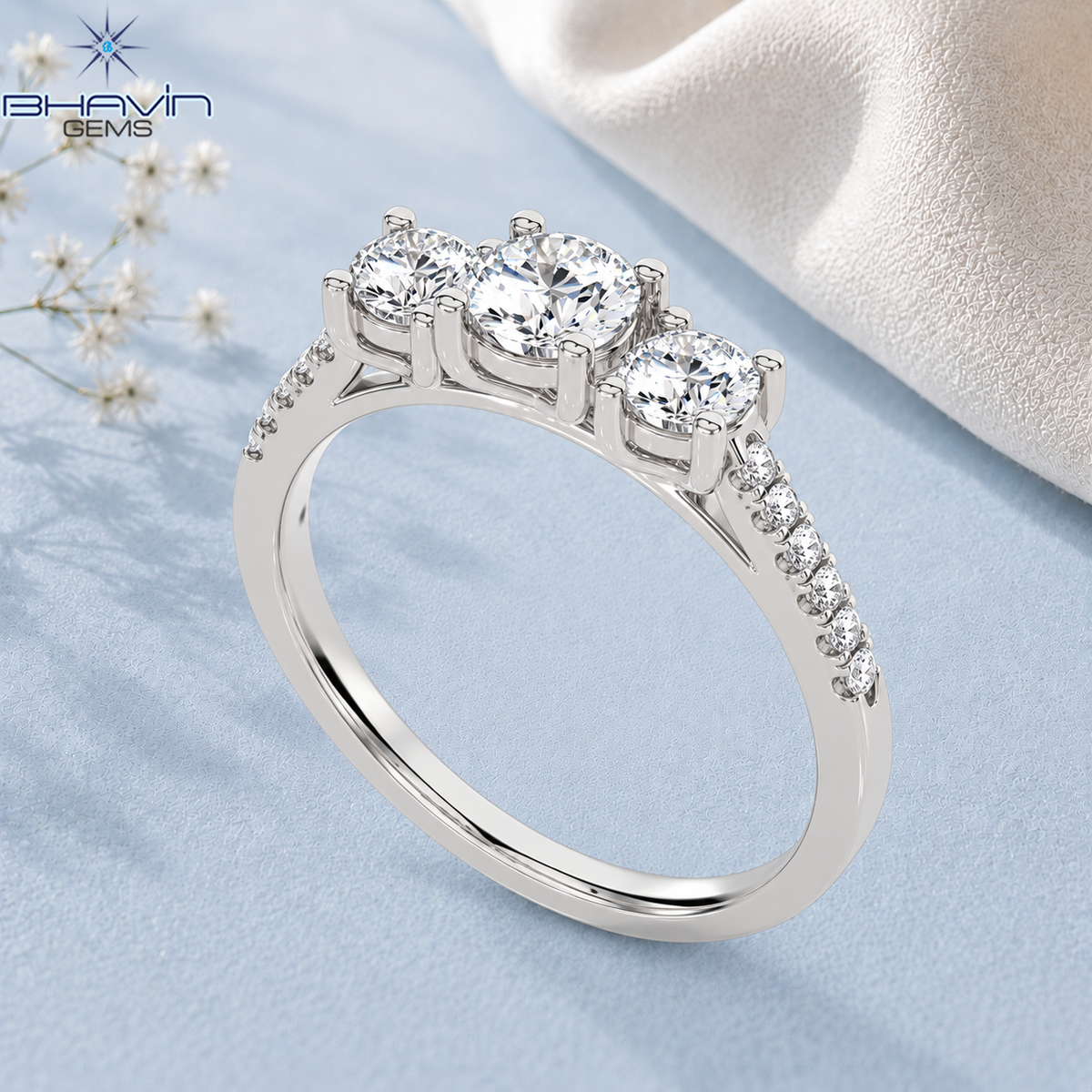 Elegant Three Stone Round Diamond Engagement Ring with Pavé Band Setting