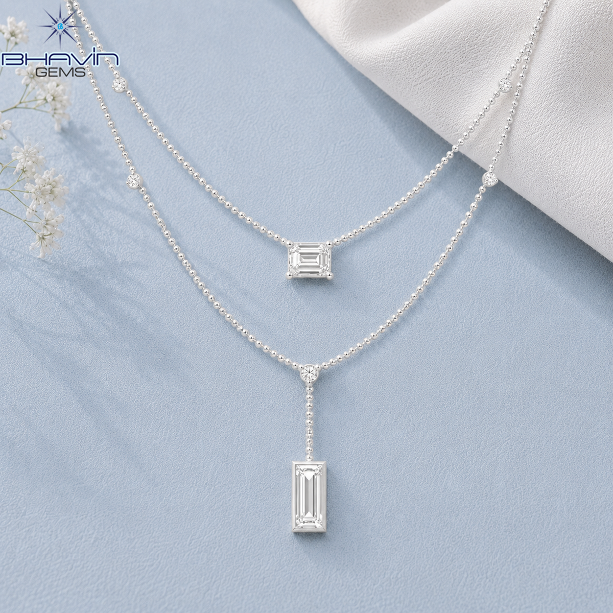 Baguette Diamond Layered Drop Necklace with Sparkling Accents
