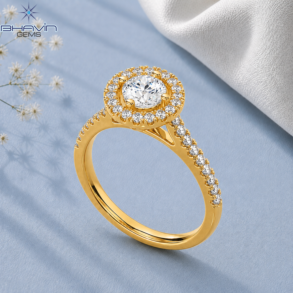 Round Diamond Floral Halo Pavé Engagement Ring