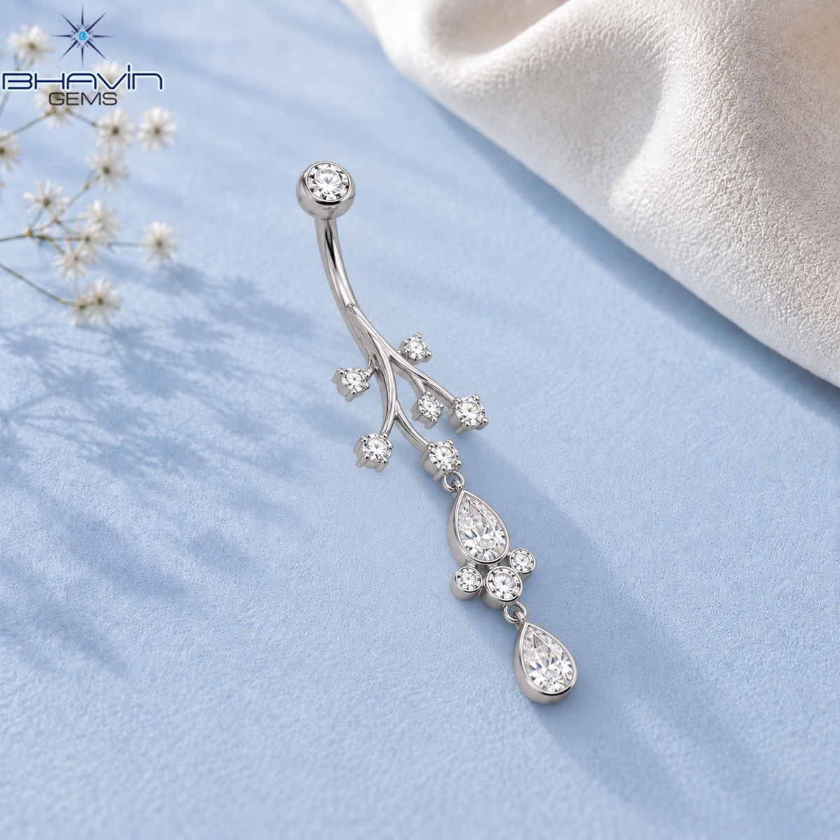 Botanical Branch Teardrop Diamond Dangle Belly Button Ring