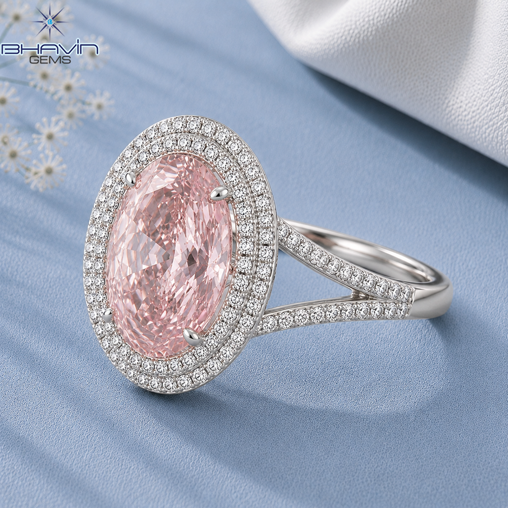 Oval Pink Diamond Double Halo Split Shank Engagement Ring