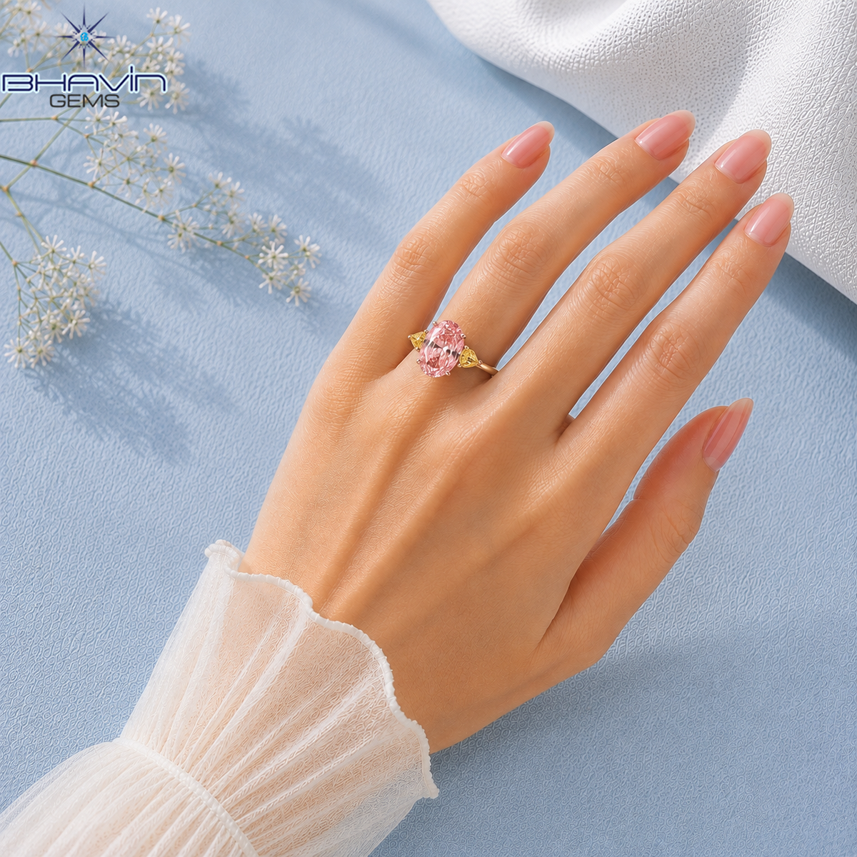 Oval Pink Lab Diamond Three Stone Ring with Yellow Accents