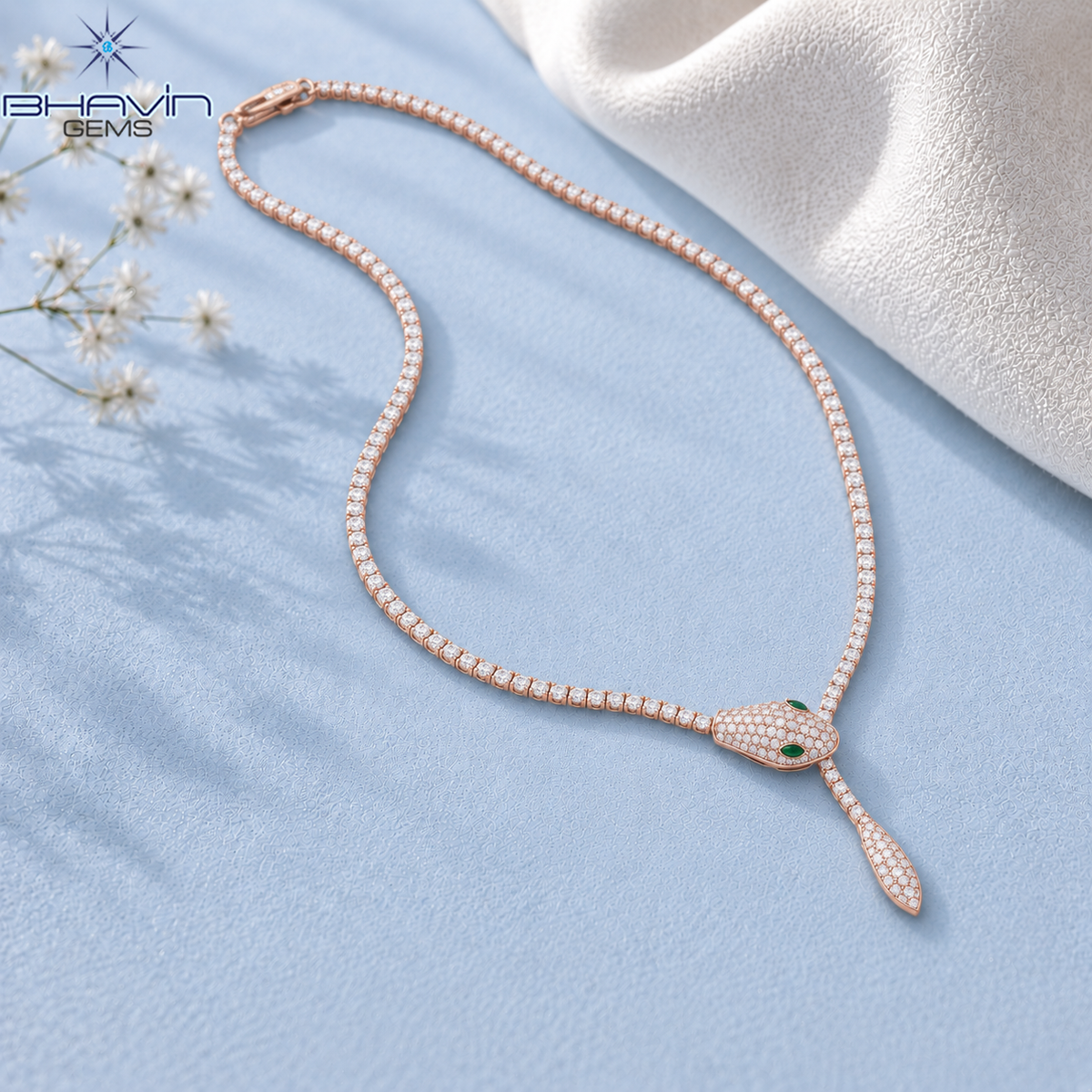 Diamond Serpent Tennis Necklace with Green Eye Accents