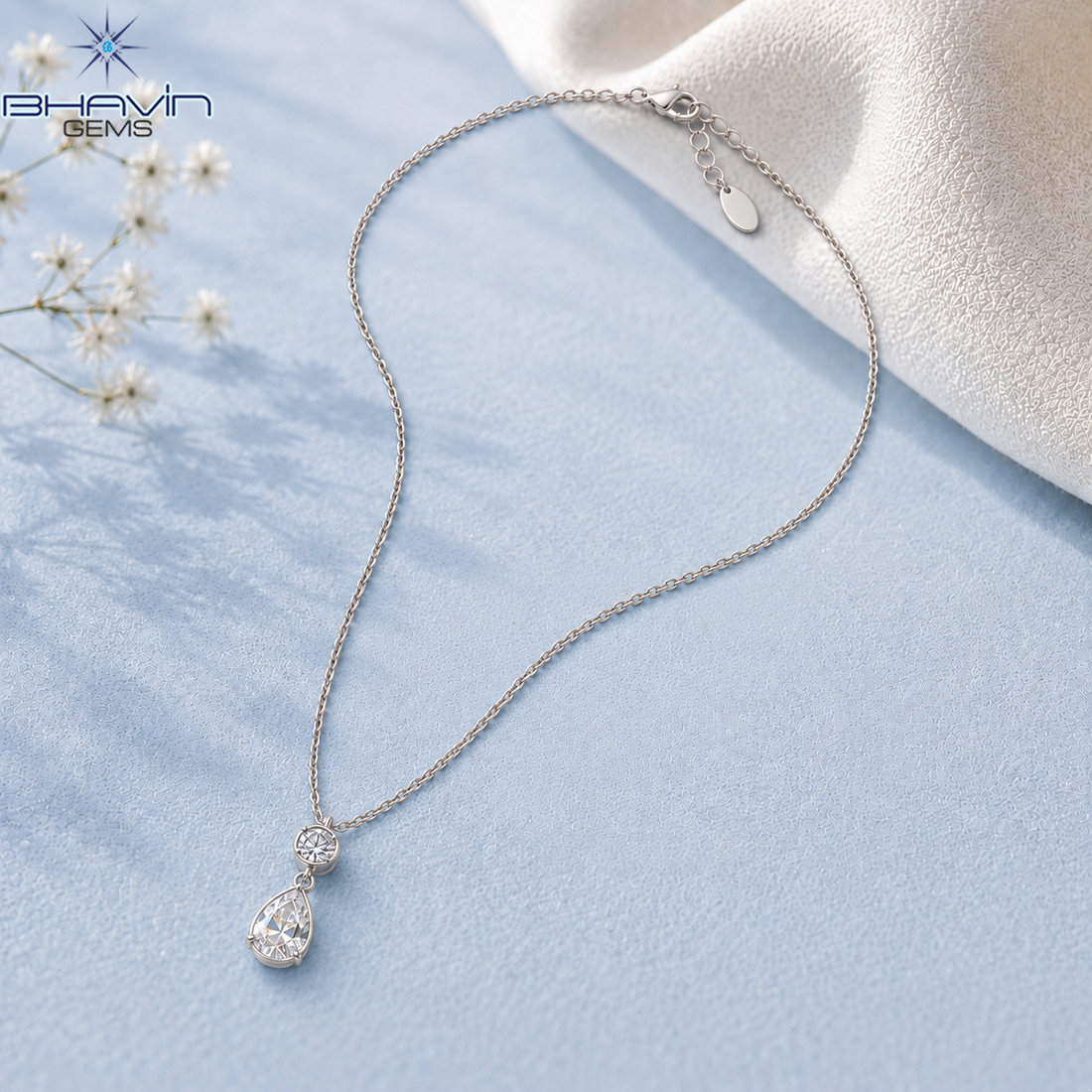 Elegant Round & Pear Shaped Diamond Drop Pendant Necklace