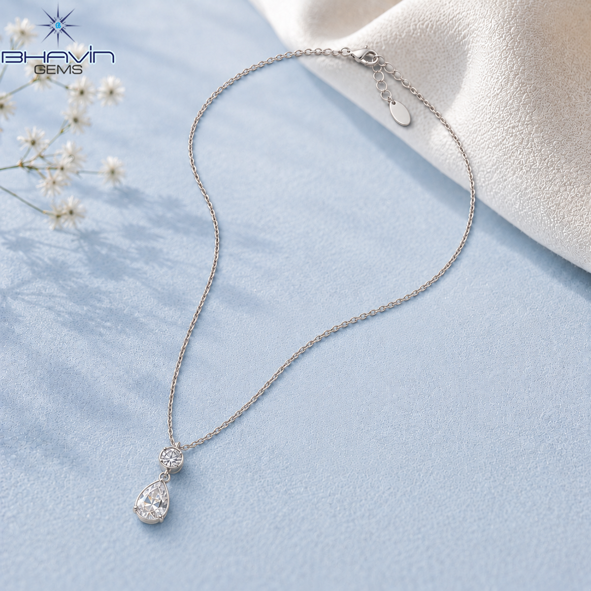 Elegant Round & Pear Shaped Diamond Drop Pendant Necklace