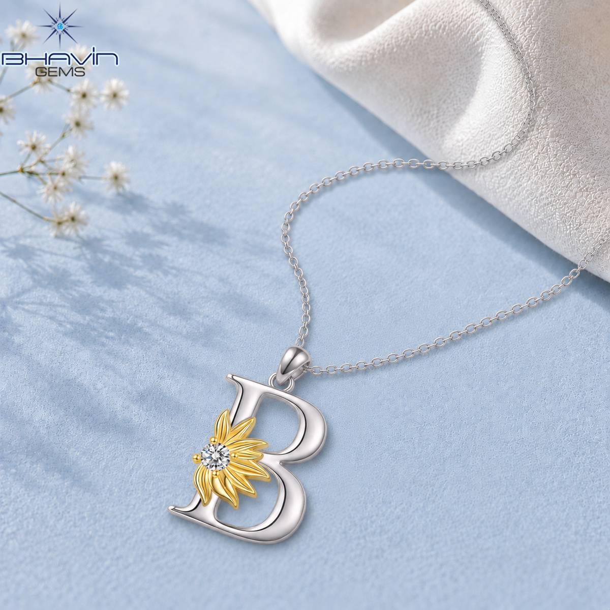 Diamond Floral Initial B Pendant Necklace